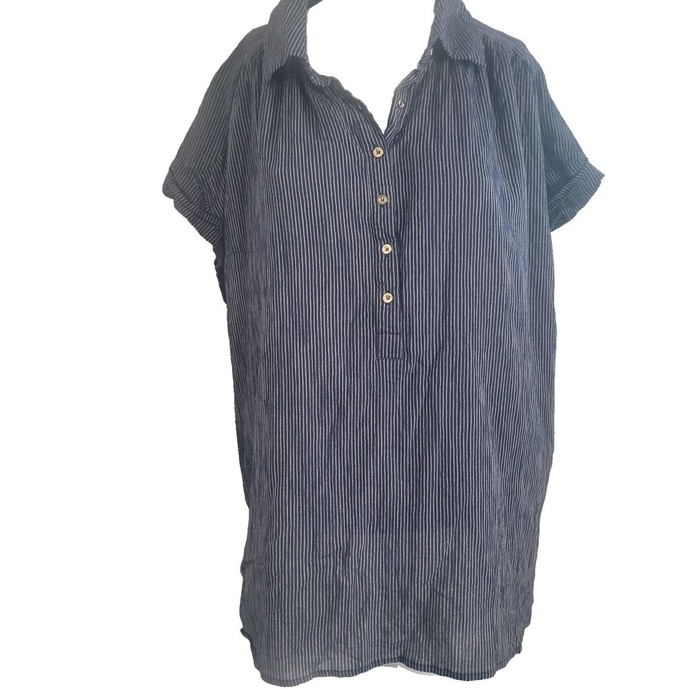 Entro 2X blouse tunic top lining striped button collar v-neck short sleeve